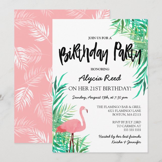 Invitación Fiesta de cumpleaños tropical de color de agua Fla (Anverso / Reverso)