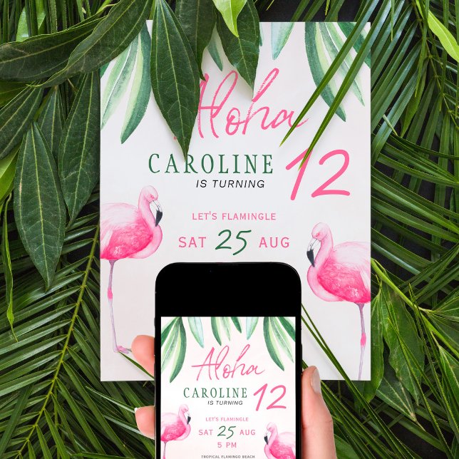 Invitación Fiesta de cumpleaños tropical de flamenco Aloha pa (Subido por el creador)