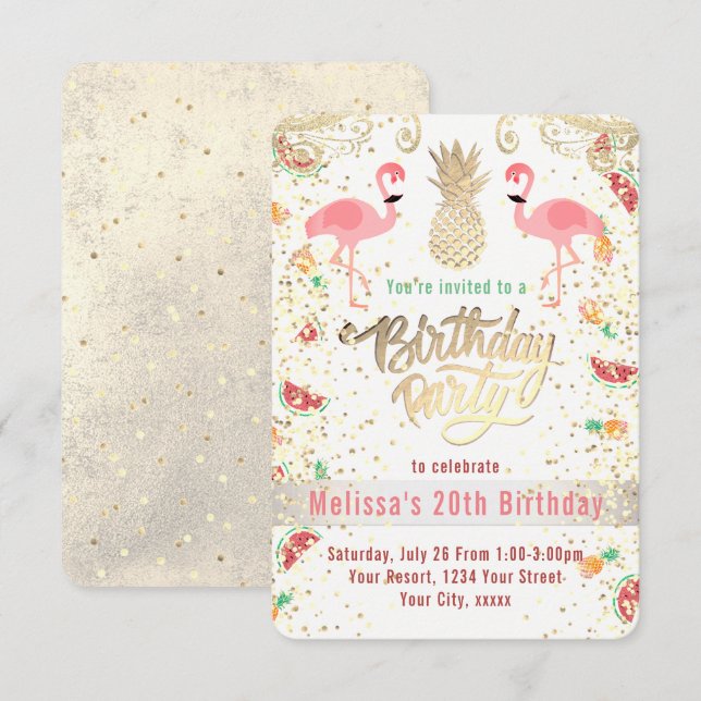 Invitación fiesta de cumpleaños tropical de flamingo (Anverso / Reverso)