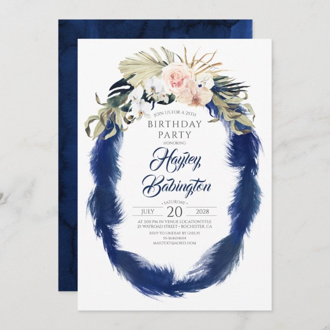Invitación Fiesta de cumpleaños tropical de Navy Blue Pampas (Anverso / Reverso)