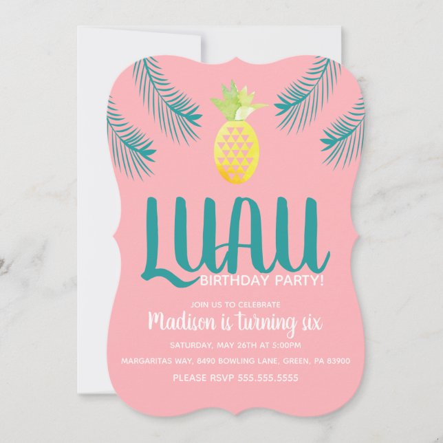 Invitación Fiesta de cumpleaños tropical de Pineapple Luau (Anverso)