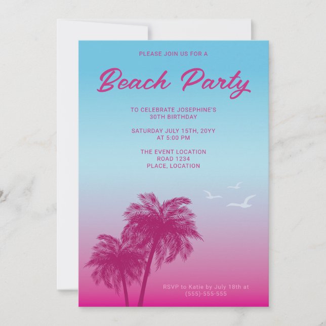 Invitación Fiesta de Cumpleaños Tropical de Playa con Palmera (Anverso)
