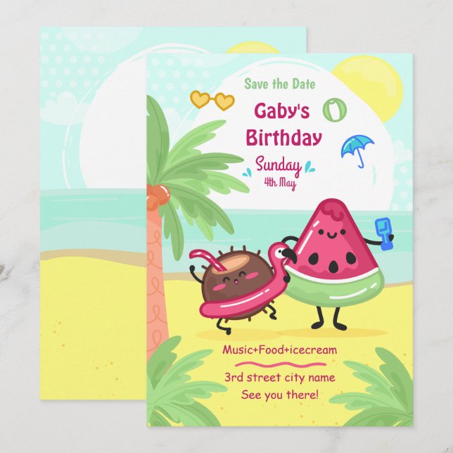 Invitación Fiesta de Cumpleaños Tropical de Verano en la Play (Anverso / Reverso)
