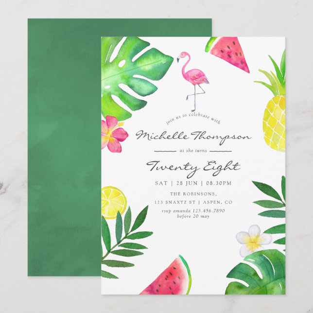 Invitación Fiesta de Cumpleaños Tropical Flamenco Rosa para c (Anverso / Reverso)