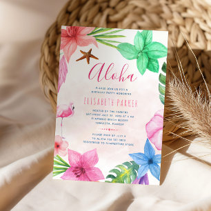 Invitación fiesta de cumpleaños tropical floral rosa luau haw