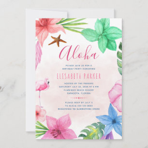 Invitación fiesta de cumpleaños tropical floral rosa luau haw