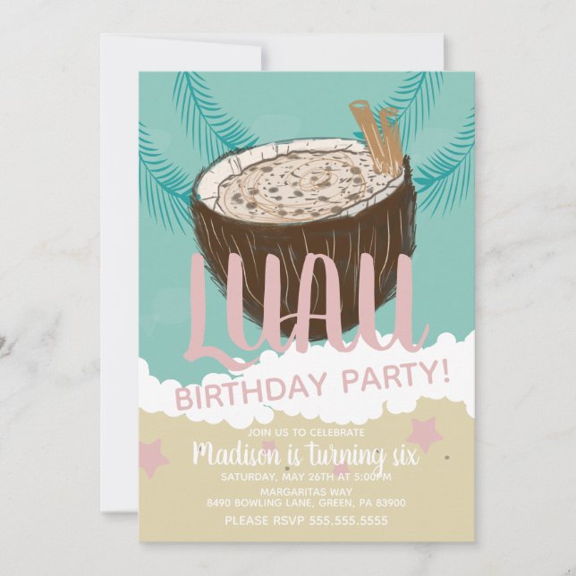 Invitación Fiesta de Cumpleaños Tropical Luau de Coco (Anverso)
