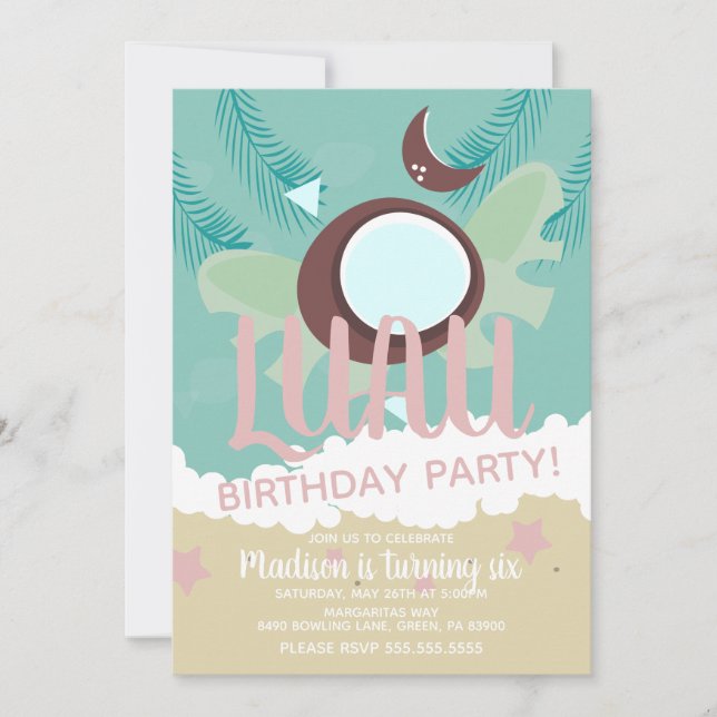 Invitación Fiesta de Cumpleaños Tropical Luau de Coco (Anverso)