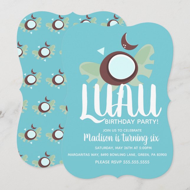 Invitación Fiesta de Cumpleaños Tropical Luau de Coco (Anverso / Reverso)