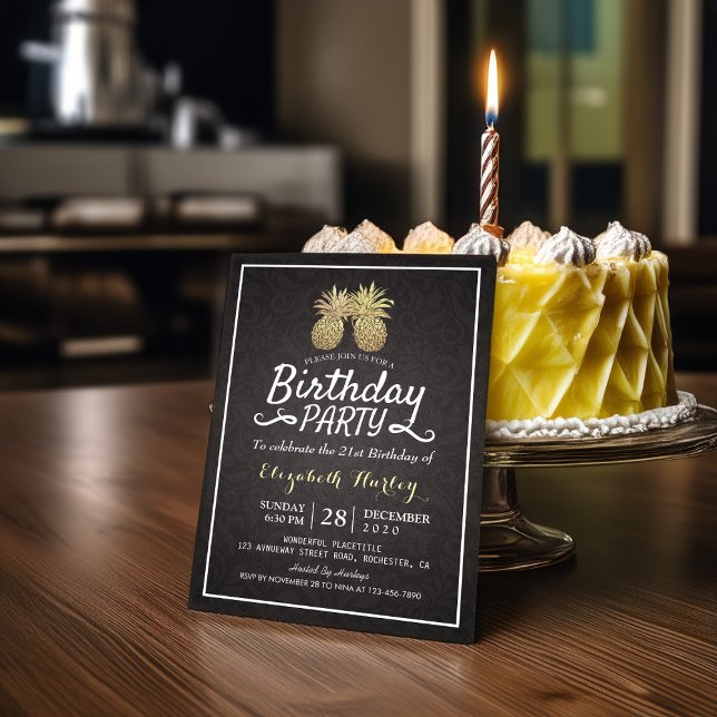 Invitación Fiesta de cumpleaños tropical Moda piña de oro neg (Subido por el creador)