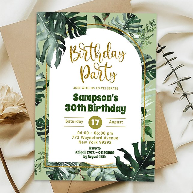 Invitación Fiesta de Cumpleaños Tropical Monstera Verdor de l (Subido por el creador)
