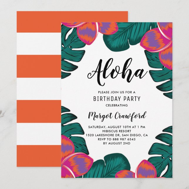 Invitación Fiesta de Cumpleaños Tropical Plumeria y Verde (Anverso / Reverso)