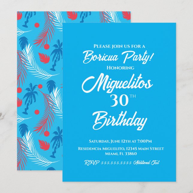 Invitación Fiesta de Cumpleaños Tropical Puertorriqueña Hispa (Anverso / Reverso)