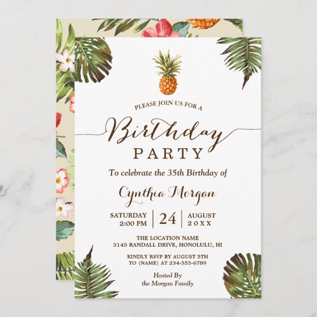 Invitación Fiesta de cumpleaños tropical - Saltos de piña de  (Anverso / Reverso)