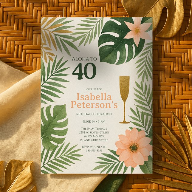 Invitación Fiesta de cumpleaños tropical verde y dorado Aloha (Tropical Green and Gold Aloha Birthday Party Invitation
)