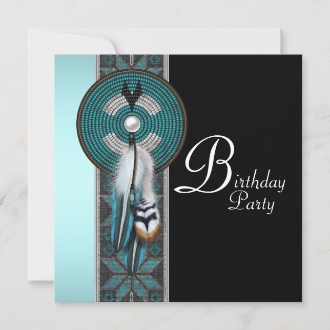 Invitación Fiesta de Cumpleaños Turquesa Azul Nativo American (Anverso)