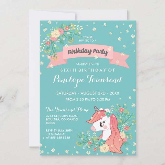 Invitación Fiesta de cumpleaños turquesa Floral Unicornio (Anverso)