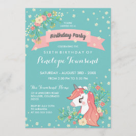 Invitación Fiesta de cumpleaños turquesa Floral Unicornio