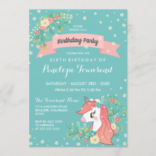 Invitación Fiesta de cumpleaños turquesa Floral Unicornio