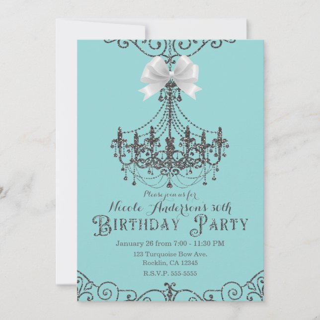 Invitación Fiesta de cumpleaños Turquoise Silver White Bow de (Anverso)