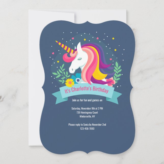 Invitación Fiesta de cumpleaños única de Unicornio (Anverso)