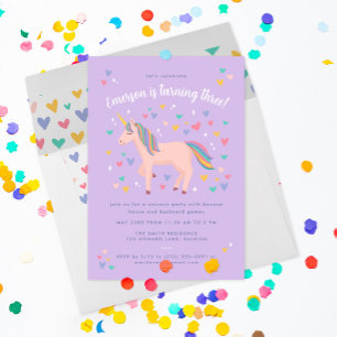 Invitación Fiesta de Cumpleaños Unicornio Arcoíris Pastel Púr