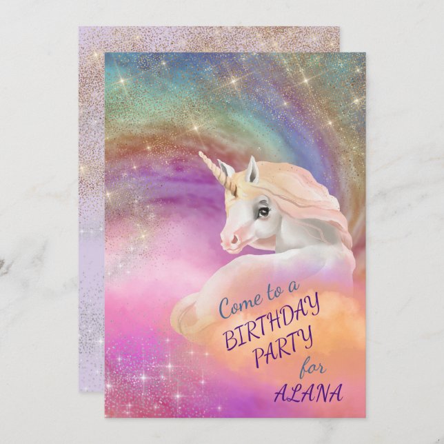 Invitación Fiesta de cumpleaños unicornio del impío Arcoiris (Anverso / Reverso)