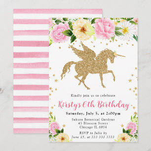 Invitación Fiesta de Cumpleaños Unicornio Dorado Flores Amari