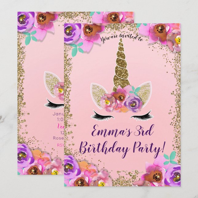 Invitación Fiesta de cumpleaños Unicornio, Purpurina de Flora (Anverso / Reverso)