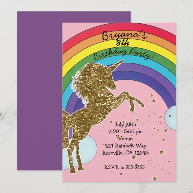 Invitación Fiesta de Cumpleaños Unicornio Retro Arcoíris y Es (Anverso / Reverso)