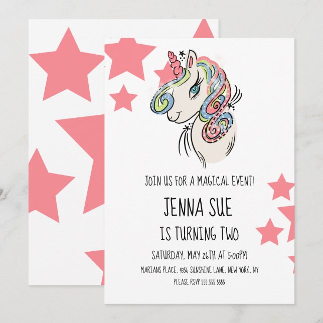 Invitación Fiesta de Cumpleaños Unicornio Rosado Estrellas Di (Anverso / Reverso)