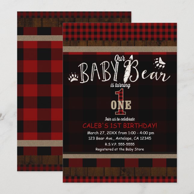 Invitación Fiesta de Cumpleaños Uno 1 Primero Bebé Plaid Rojo (Anverso / Reverso)