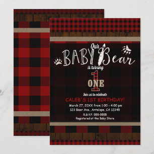 Invitación Fiesta de Cumpleaños Uno 1 Primero Bebé Plaid Rojo
