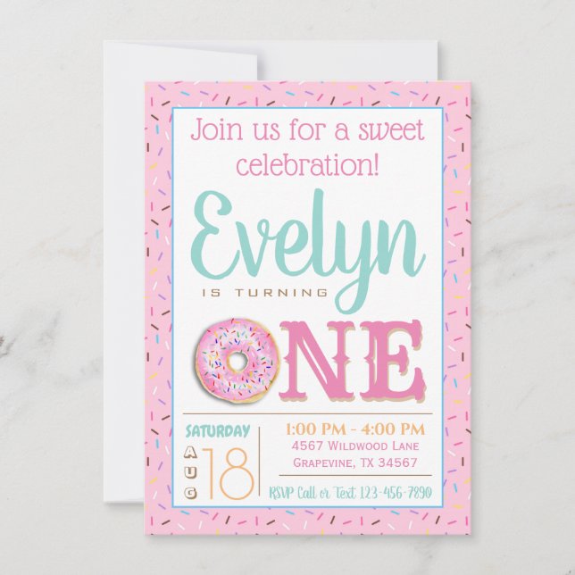 Invitación Fiesta de cumpleaños uno adorable de donut (Anverso)