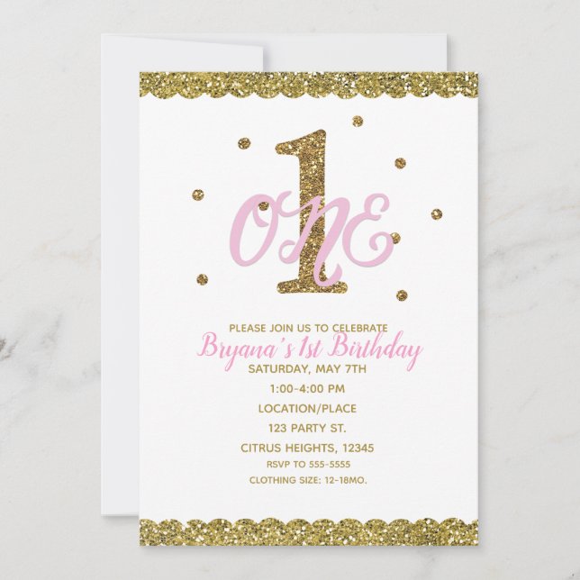 Invitación Fiesta de cumpleaños uno de niñas rosa y dorado (Anverso)