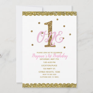 Invitación Fiesta de cumpleaños uno de niñas rosa y dorado