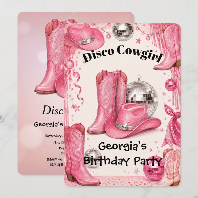 Invitación Fiesta de Cumpleaños Vaquera de Disco Rosa (Anverso / Reverso)