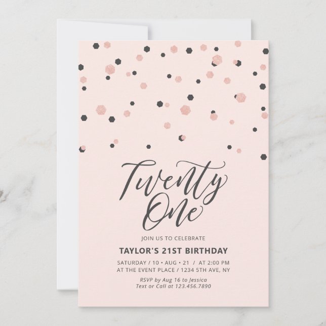 Invitación Fiesta de cumpleaños veintiuno 21 en rosa y oro ro (Anverso)
