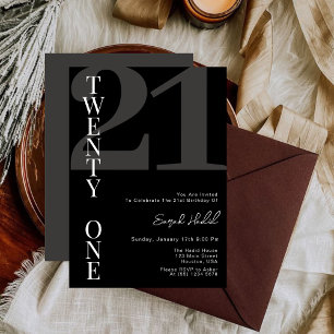 Invitación Fiesta de cumpleaños veintiuno 21 Minimalista Negr