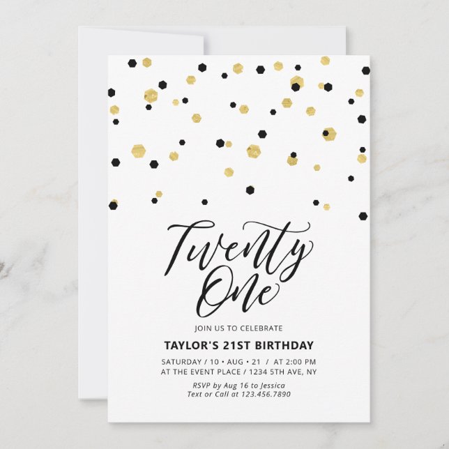 Invitación Fiesta de cumpleaños veintiuno 21 simple negro y d (Anverso)