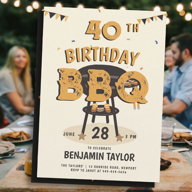 Invitación Fiesta de cumpleaños verano patio trasero BBQ Rust (mens birthday party ideas backyard bbq summer outside black yellow orange husband boyfriend dad fun)