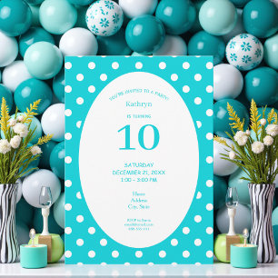 Invitación Fiesta de Cumpleaños Verde Azul con Lunares Blanco