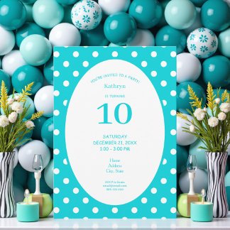 Invitación Fiesta de Cumpleaños Verde Azul con Lunares Blanco
