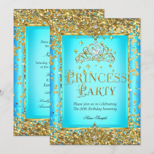 Invitación Fiesta de cumpleaños Verde azulada Blue Gold Tiara (Anverso / Reverso)