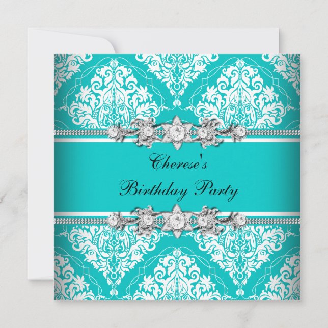 Invitación Fiesta de Cumpleaños Verde azulada Floral de Damas (Anverso)