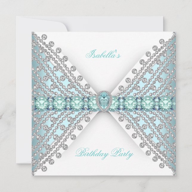 Invitación Fiesta de Cumpleaños VERDE AZULADO AZUL Plata Diam (Anverso)