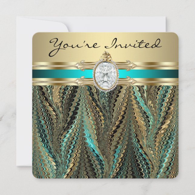 Invitación Fiesta de cumpleaños Verde azulado azul y oro para (Anverso)
