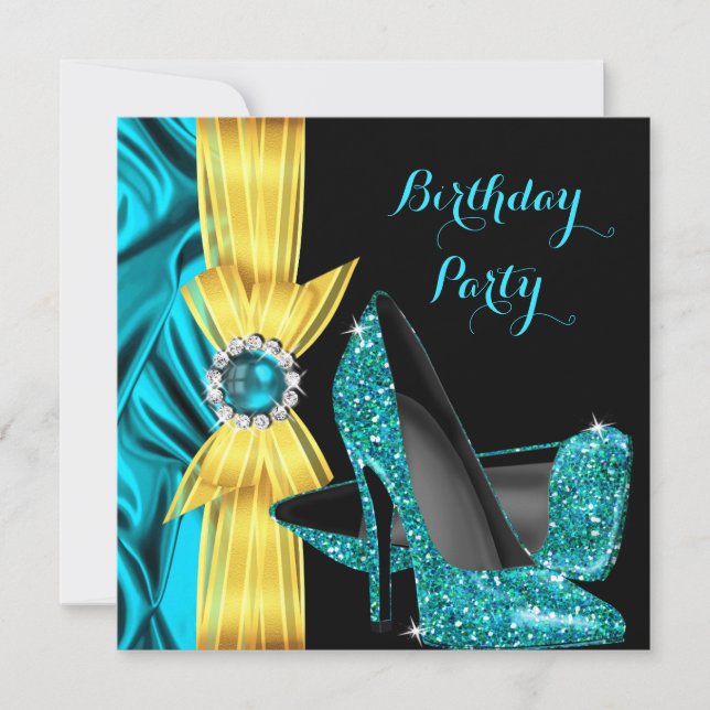 Invitación Fiesta de cumpleaños Verde azulado Blue High Heels (Anverso)