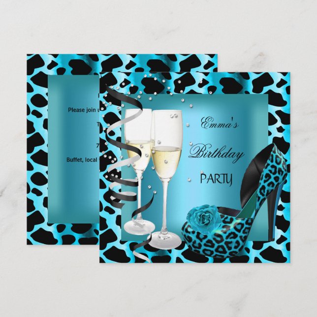 Invitación Fiesta de cumpleaños Verde azulado Blue Leopard Za (Anverso / Reverso)