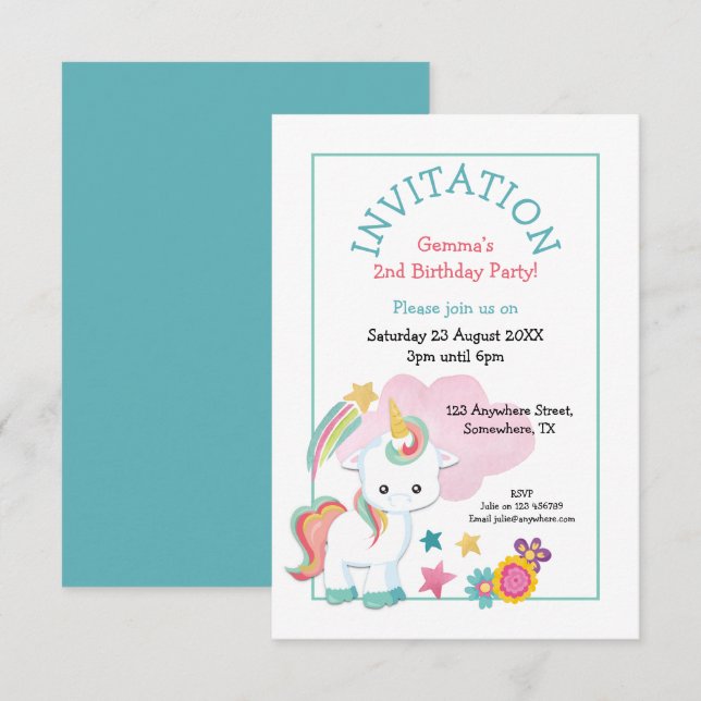 Invitación Fiesta de cumpleaños Verde azulado de niños rosa d (Anverso / Reverso)